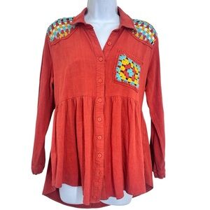 Umgee Linen Cotton Crochet Button Front  Babydoll Peasant Blouse S Rust